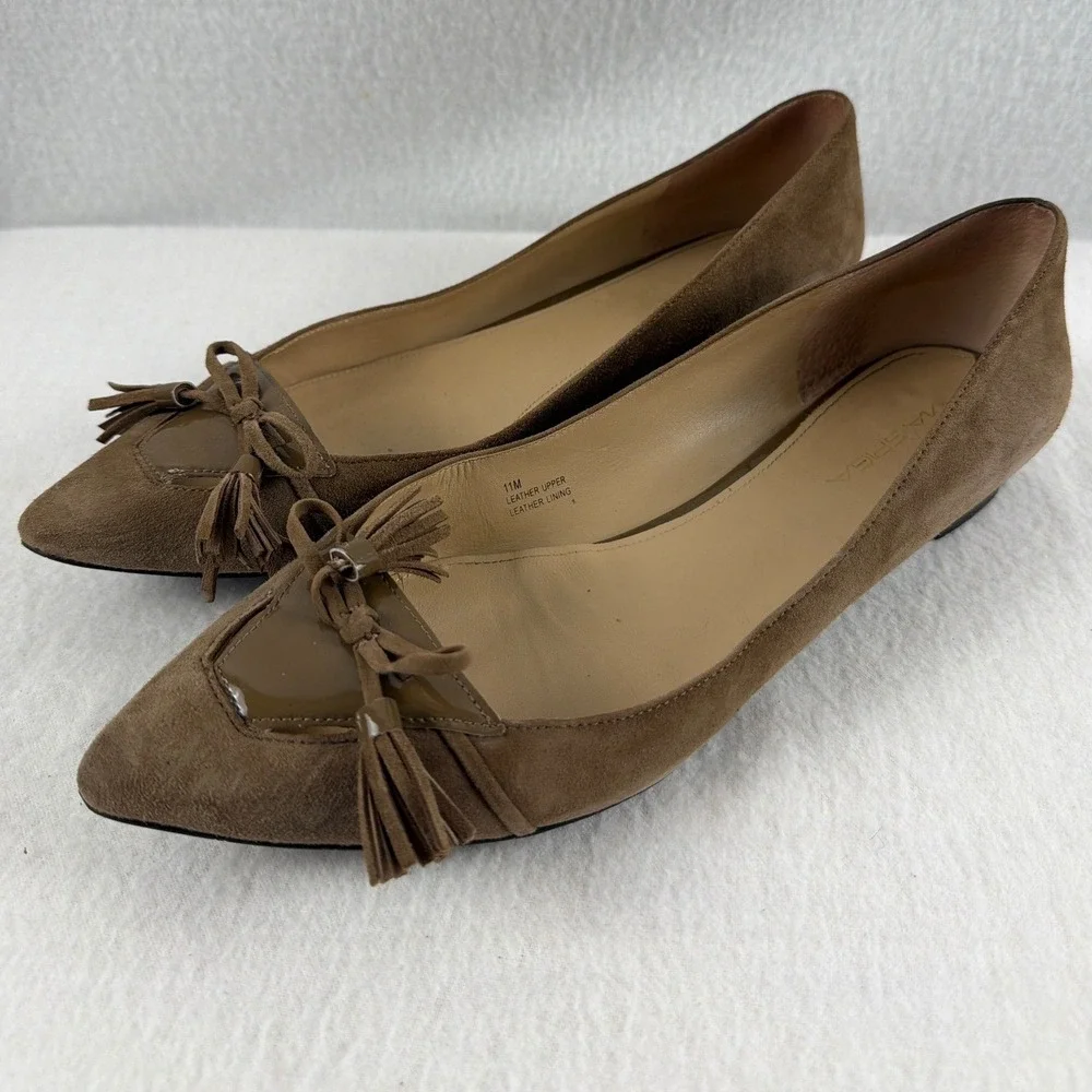 Via Spiga Devin‎ Brown Suede Tassel Bow Pointed Toe Ballet Flats Size 11M